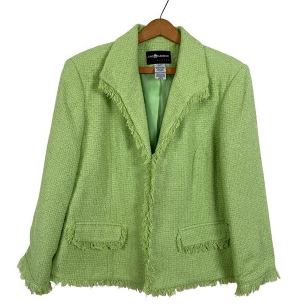 Vtg Sag Harbor Women Tweed Jacket Blazer 12P Fringe Green Office Career Business